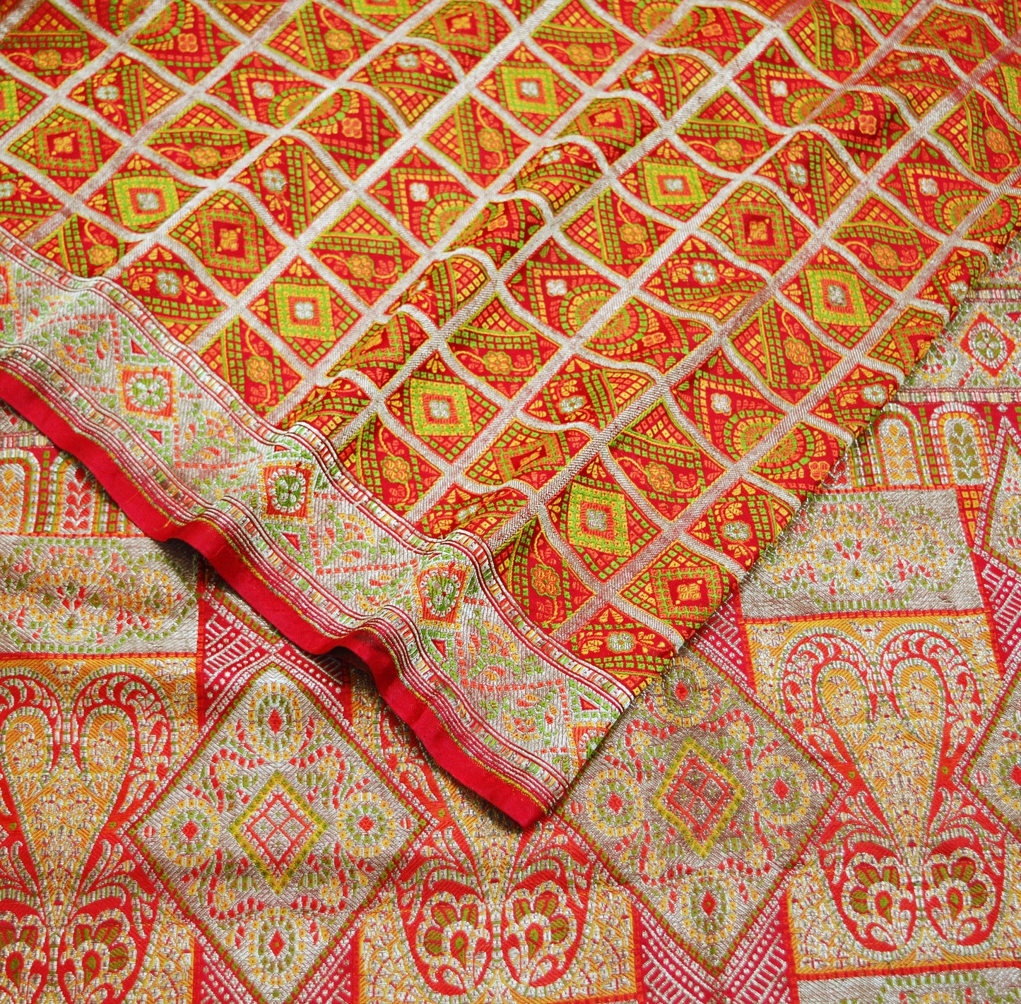 Indian Vintage Red Saree Pure Silk Hand Woven Gharchola Indian Sari Fabric 5Yd Sewing Soft Golden Zari