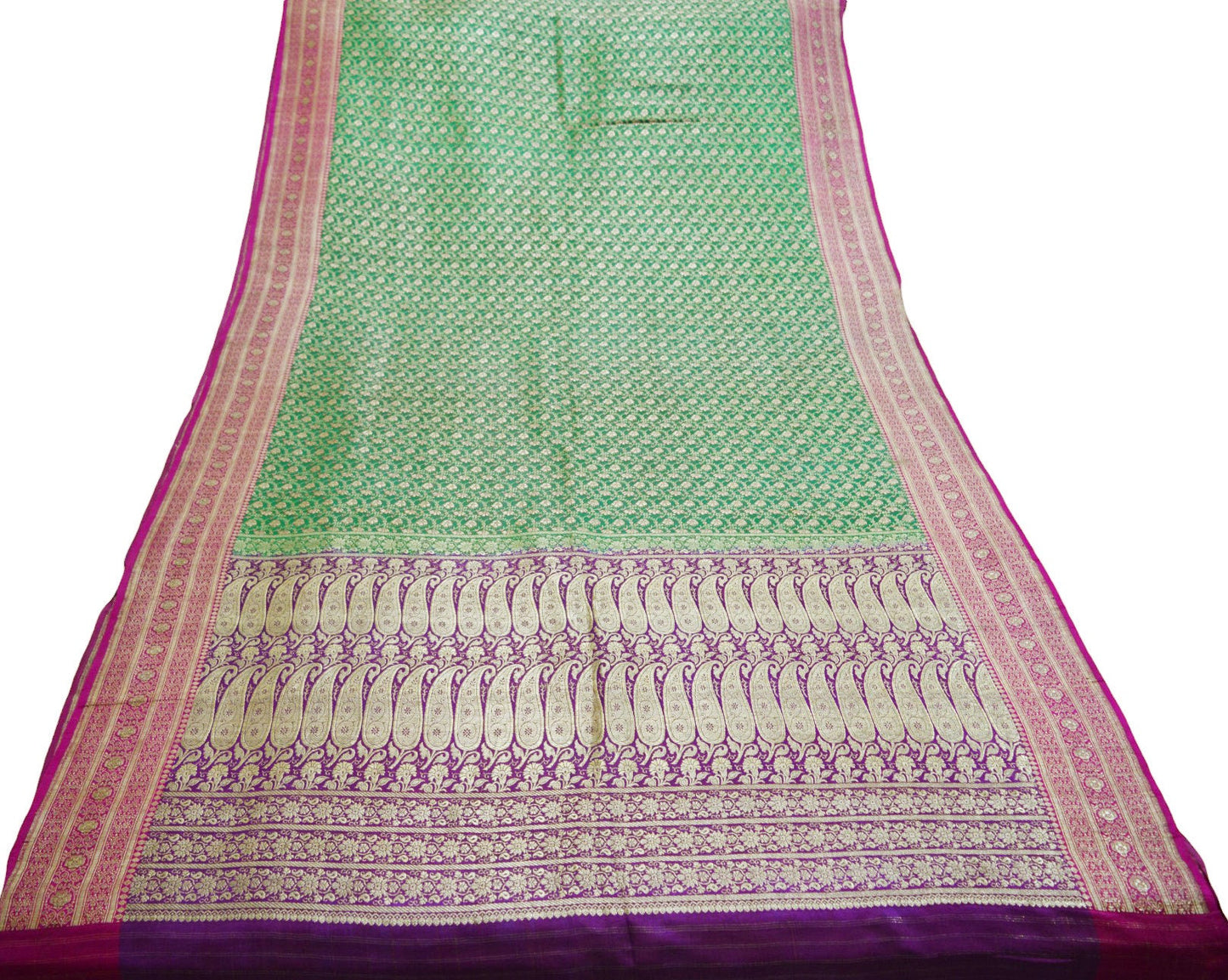 Indian Vintage Sari Green & Purple Heavy Wedding Pure Satin Silk Banarasi Brocade Saree Zari 5Yd