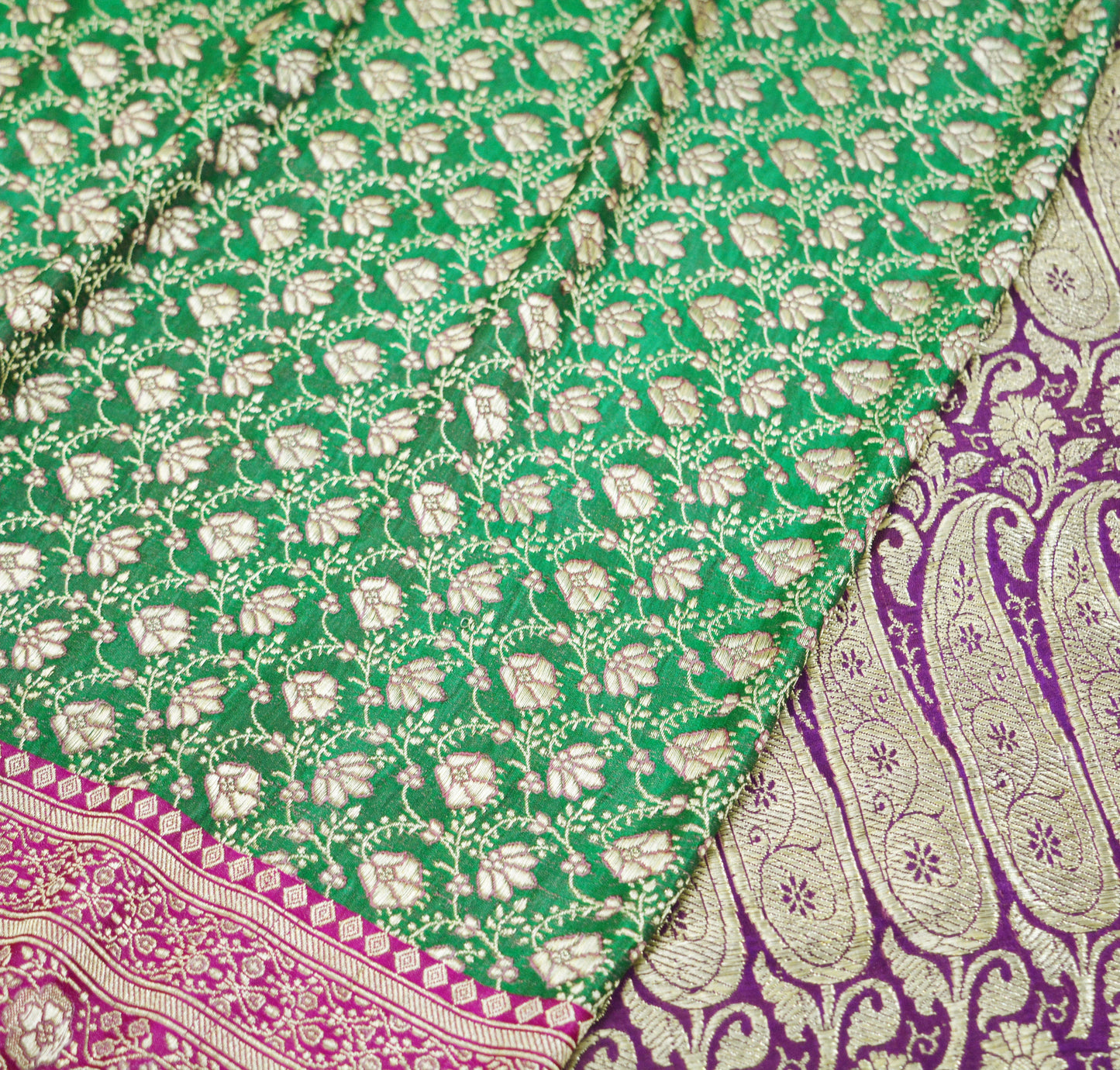 Indian Vintage Sari Green & Purple Heavy Wedding Pure Satin Silk Banarasi Brocade Saree Zari 5Yd