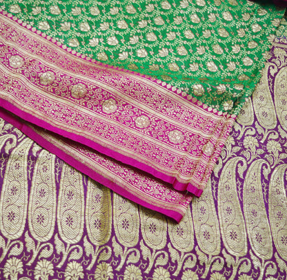 Indian Vintage Sari Green & Purple Heavy Wedding Pure Satin Silk Banarasi Brocade Saree Zari 5Yd