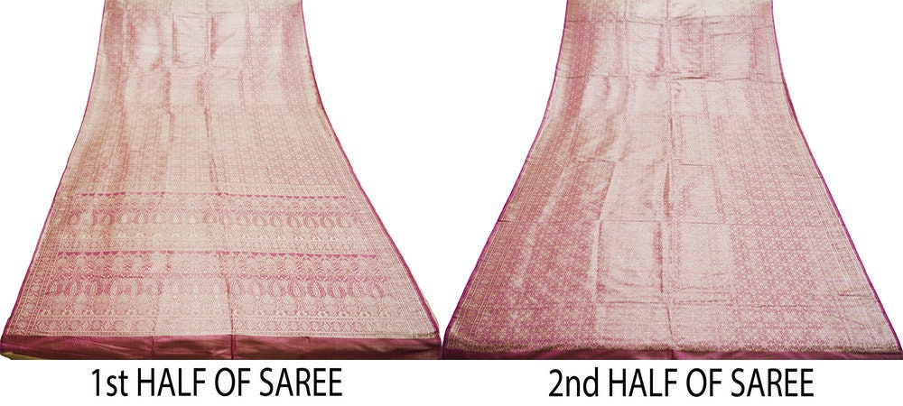 Indian Vintage Sari Pink Heavy Wedding Pure Satin Silk Woven Banarasi Brocade Saree Golden Zari 5Yard