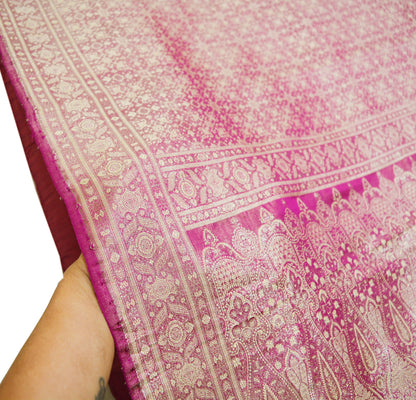 Indian Vintage Sari Pink Heavy Wedding Pure Satin Silk Woven Banarasi Brocade Saree Golden Zari 5Yard