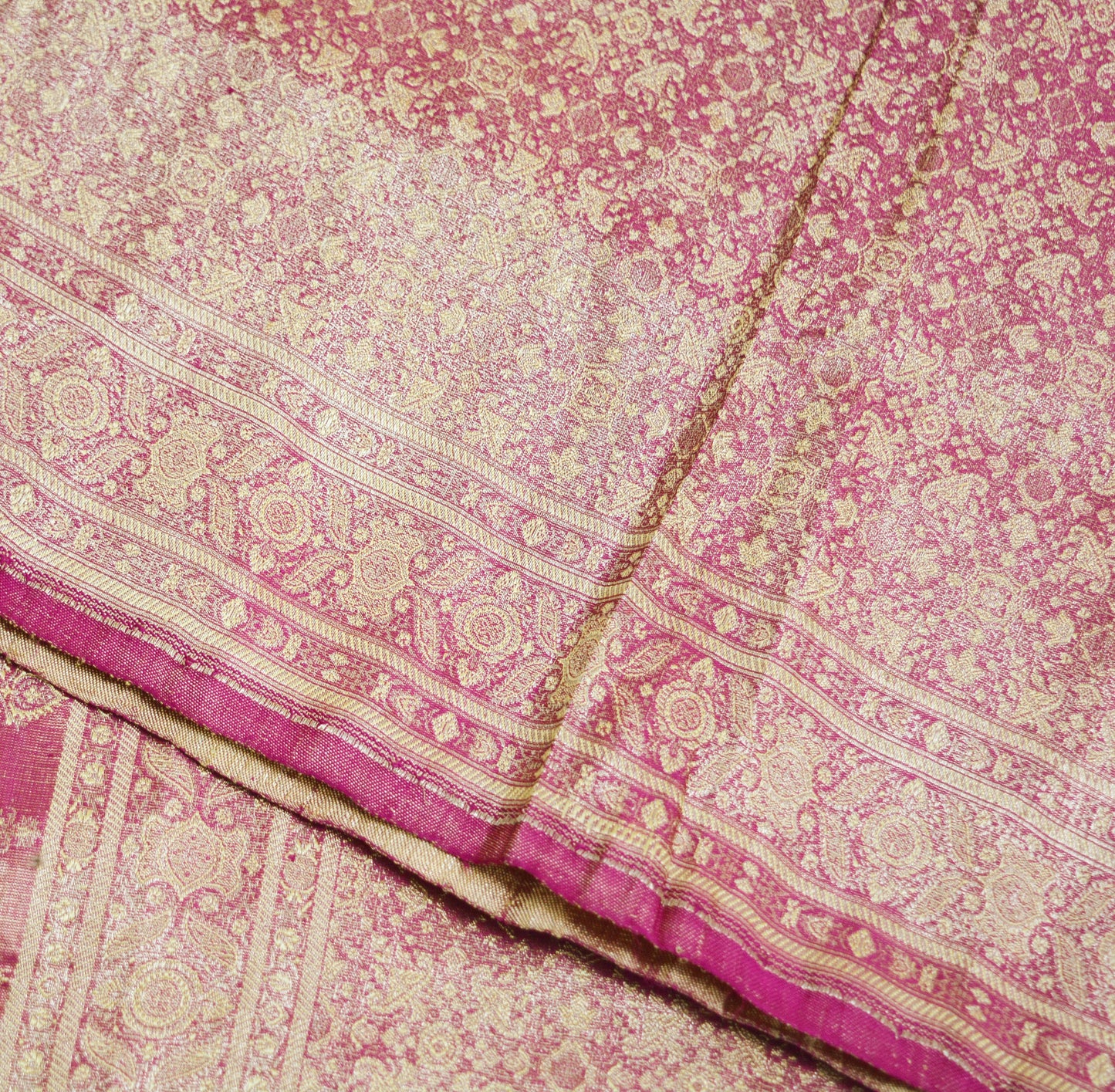 Indian Vintage Sari Pink Heavy Wedding Pure Satin Silk Woven Banarasi Brocade Saree Golden Zari 5Yard