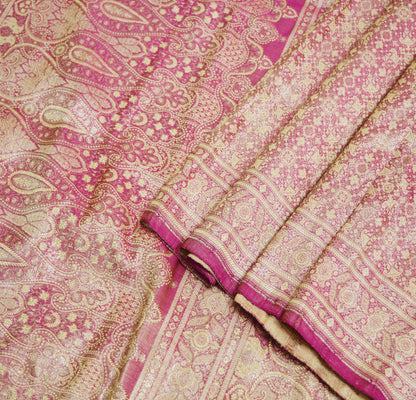 Indian Vintage Sari Pink Heavy Wedding Pure Satin Silk Woven Banarasi Brocade Saree Golden Zari 5Yard