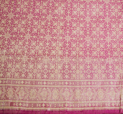 Indian Vintage Sari Pink Heavy Wedding Pure Satin Silk Woven Banarasi Brocade Saree Golden Zari 5Yard