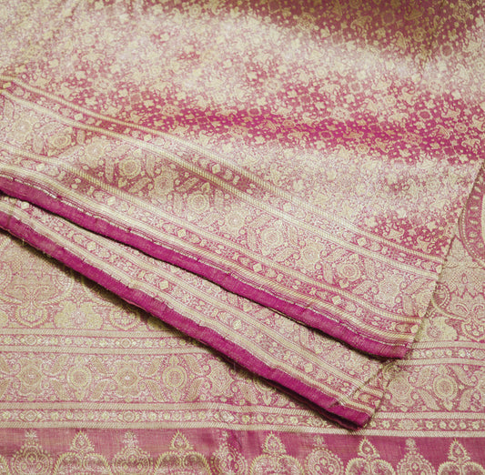 Indian Vintage Sari Pink Heavy Wedding Pure Satin Silk Woven Banarasi Brocade Saree Golden Zari 5Yard