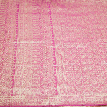 Indian Vintage Sari Pink Heavy Wedding Pure Satin Silk Woven Banarasi Brocade Saree Golden Zari 5Yard