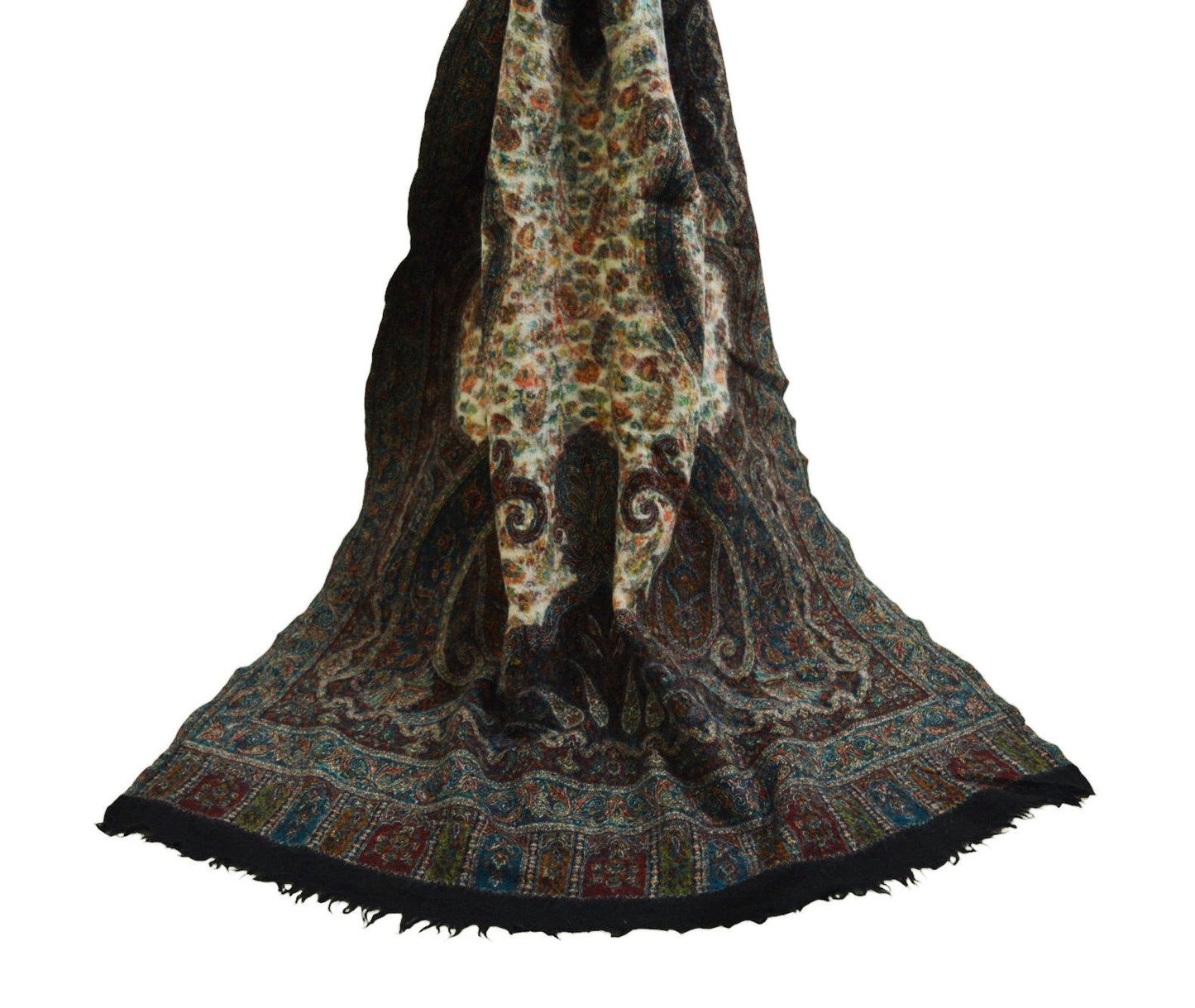 Vintage Ivory & Black Pure Woolen Shawl Handmade Ari work Long Throw Stole Warm Stole Paisley Design