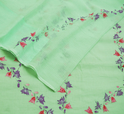 Indian Vintage Sari Green Hand Painted Pure Cotton Saree Craft Soft Fabric 5Yard Sewing Sarong Wrap Boho Floral