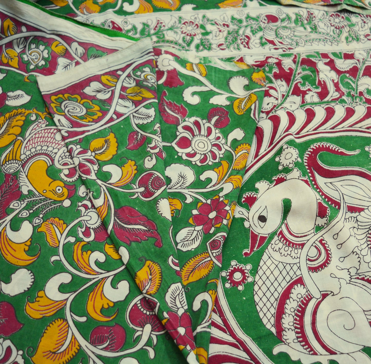 Indian Vintage  Sari Kalamkari Printed Pure Cotton Saree Fabric Soft Floral 5Yd Sarong Wrap Fabric Peacock