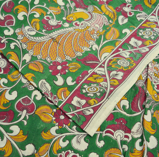 Indian Vintage  Sari Kalamkari Printed Pure Cotton Saree Fabric Soft Floral 5Yd Sarong Wrap Fabric Peacock