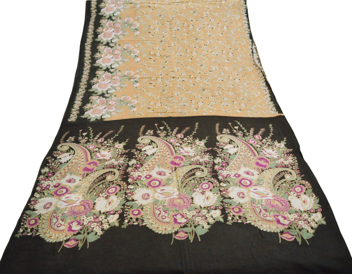 Indian Vintage Sari Beige & Black Printed Pure Cotton Saree Fabric Soft Floral 5Yd Sarong Wrap Boho Fabric Kimono Soft