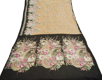 Indian Vintage Sari Beige & Black Printed Pure Cotton Saree Fabric Soft Floral 5Yd Sarong Wrap Boho Fabric Kimono Soft