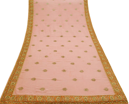 Indian Women Vintage Heavy Peach Dupatta Pure silk Long Stole Hand Embroidered Hijab Scarves Veil Wrap Zardozi Dabka