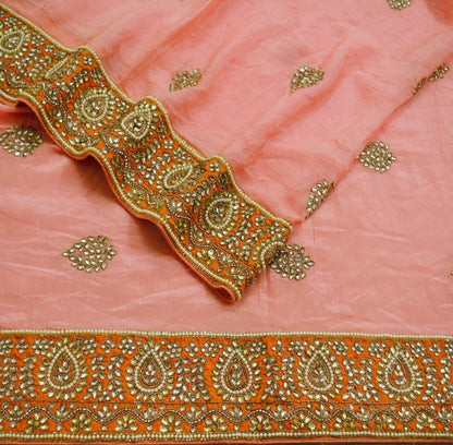 Indian Women Vintage Heavy Peach Dupatta Pure silk Long Stole Hand Embroidered Hijab Scarves Veil Wrap Zardozi Dabka