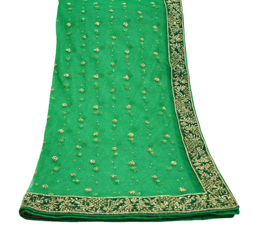 Indian Vintage Heavy Green Dupatta Net Mesh Long Stole Hand Embroidered Scarf Golden Zardozi Zari Sequins Stole