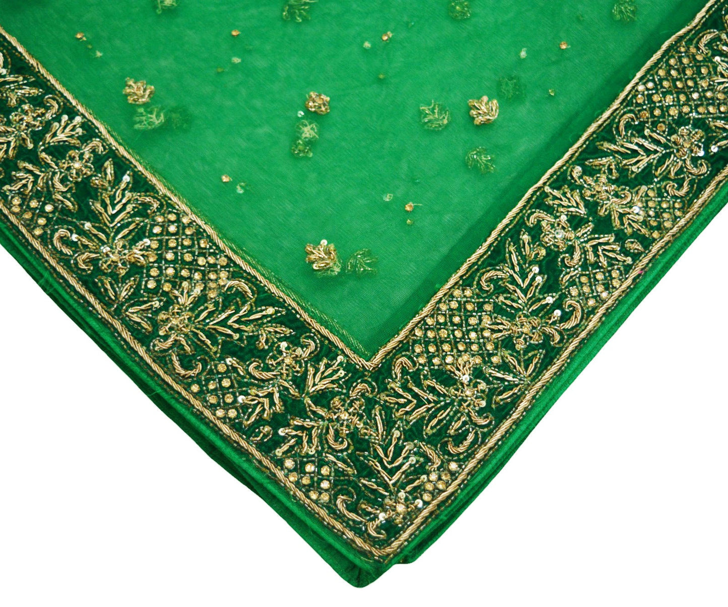 Indian Vintage Heavy Green Dupatta Net Mesh Long Stole Hand Embroidered Scarf Golden Zardozi Zari Sequins Stole