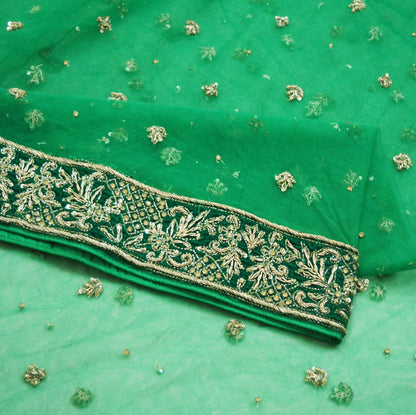 Indian Vintage Heavy Green Dupatta Net Mesh Long Stole Hand Embroidered Scarf Golden Zardozi Zari Sequins Stole