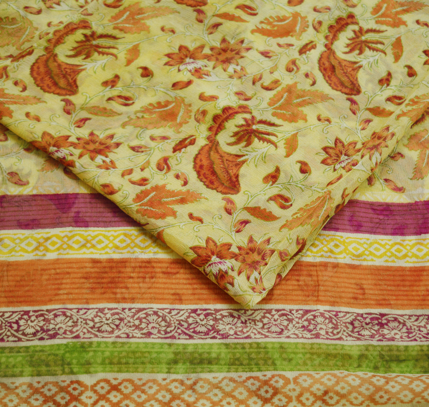 Women Vintage Sari Yellow Pure Chiffon Silk Printed Saree Craft Fabric Sewing 6Yard Soft Light Sari Dress Making Zari