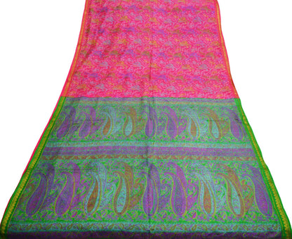 Indian Vintage Sari Pink & Green 100% Pure Silk Printed Saree 6yard Sewing Craft Fabric DressMaking Soft Golden Zari