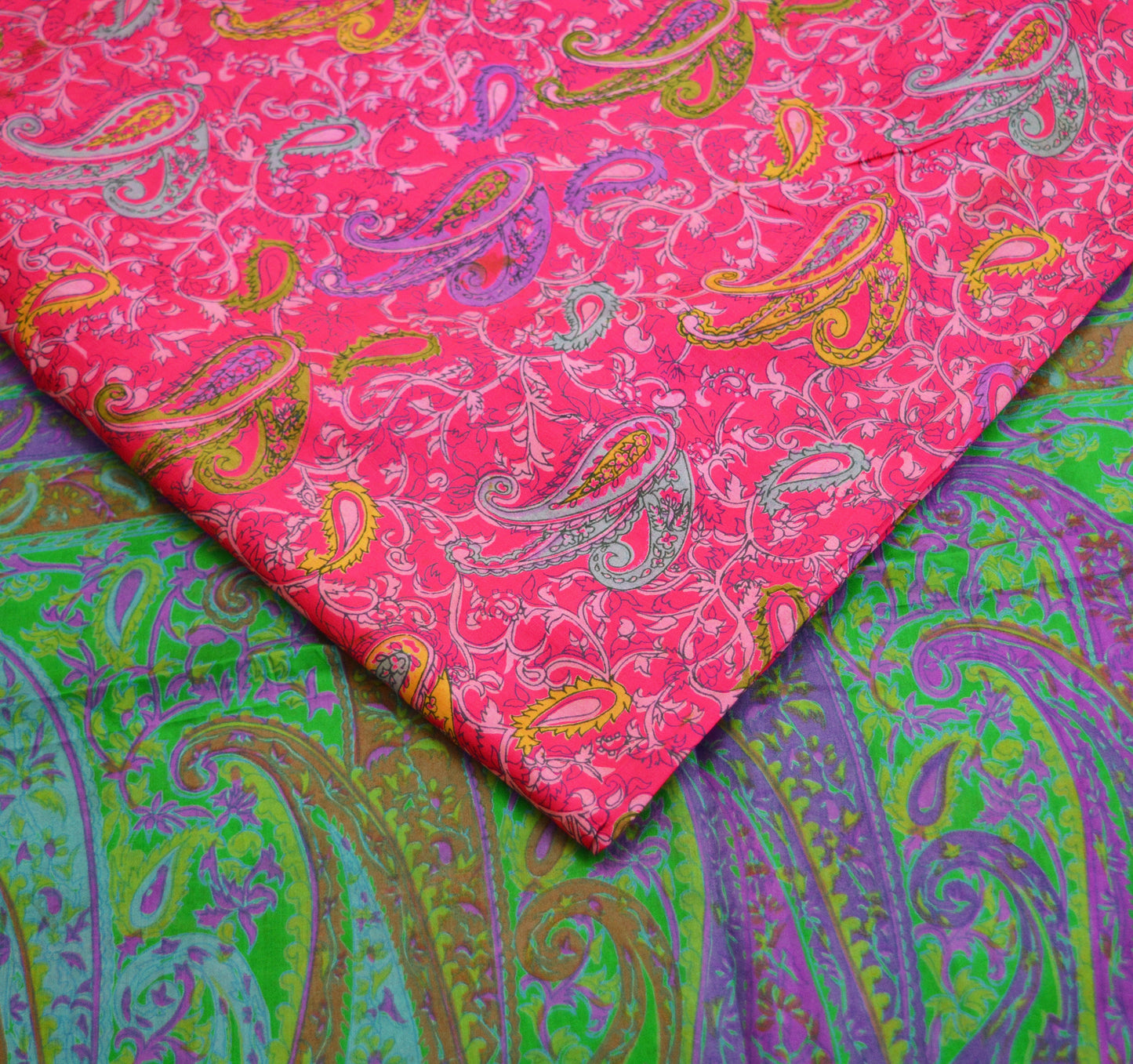 Indian Vintage Sari Pink & Green 100% Pure Silk Printed Saree 6yard Sewing Craft Fabric DressMaking Soft Golden Zari