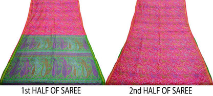 Indian Vintage Sari Pink & Green 100% Pure Silk Printed Saree 6yard Sewing Craft Fabric DressMaking Soft Golden Zari