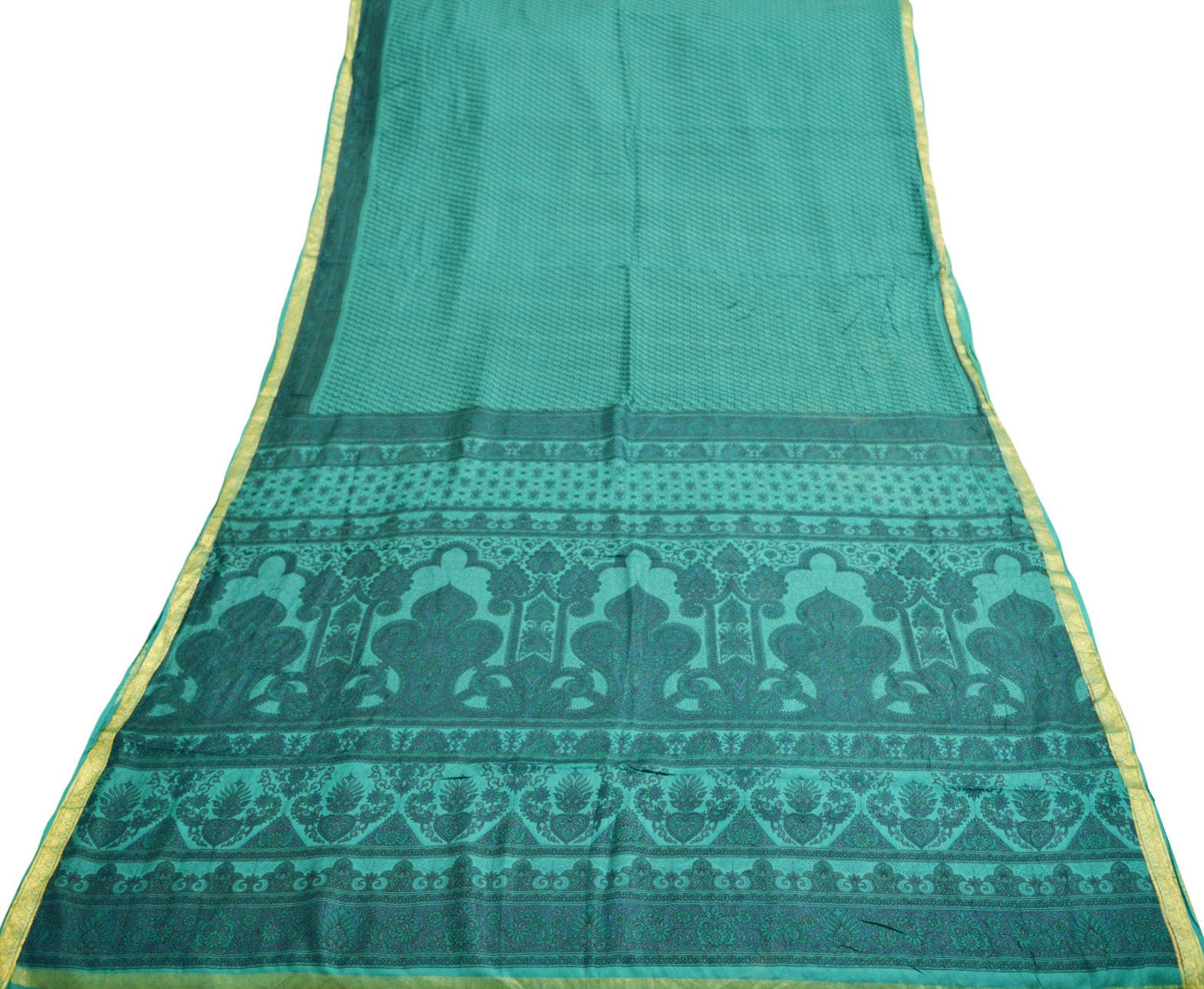 Indian Vintage Sari Green Pure Silk Printed Saree 5yard Sewing Craft Fabric DressMaking Soft Golden Zari