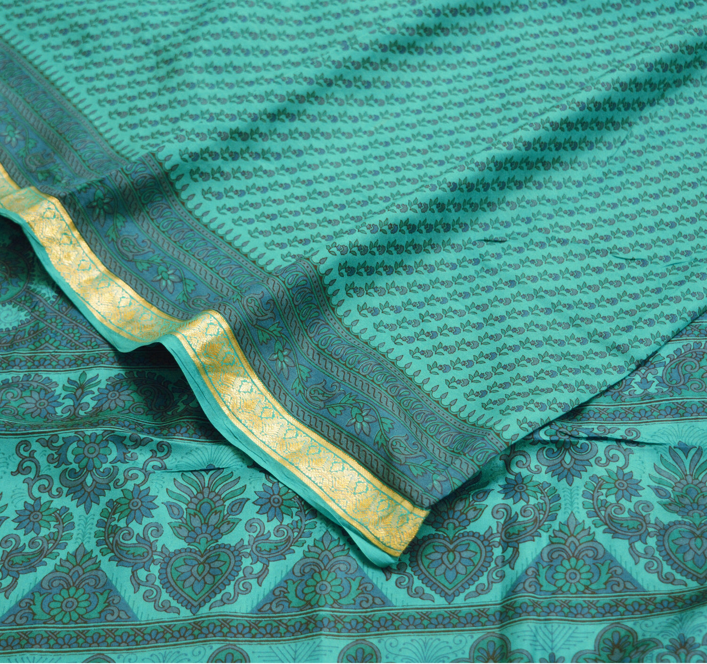 Indian Vintage Sari Green Pure Silk Printed Saree 5yard Sewing Craft Fabric DressMaking Soft Golden Zari