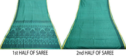 Indian Vintage Sari Green Pure Silk Printed Saree 5yard Sewing Craft Fabric DressMaking Soft Golden Zari