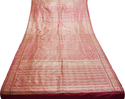 Indian Vintage Sari Dark Red Heavy Wedding Pure Satin Silk Woven Banarasi Brocade Saree Golden Zari 5Yd