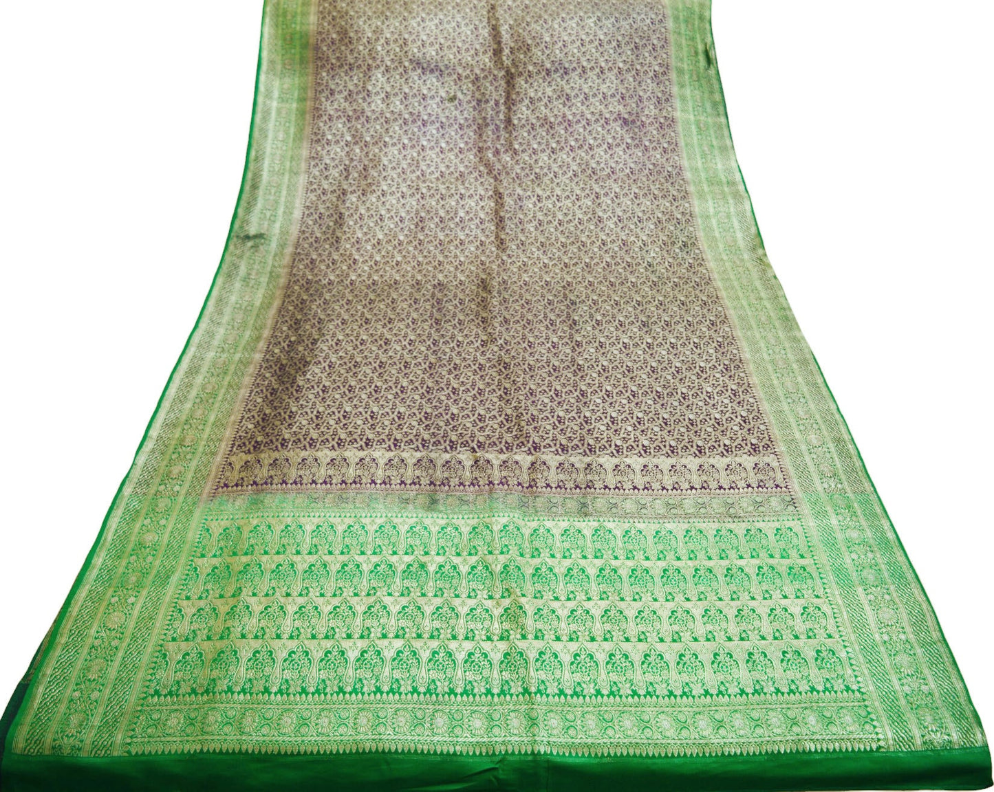 Indian Vintage Sari Green & Purple Heavy Wedding Pure Satin Silk Banarasi Brocade Saree Zari 5Yd