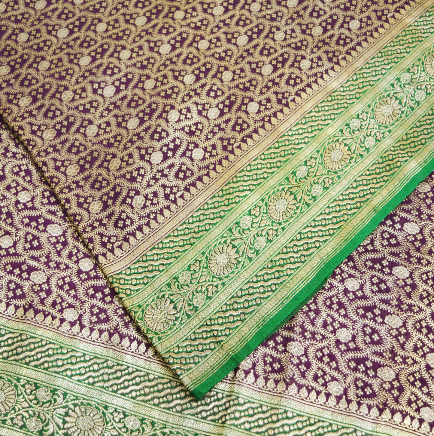 Indian Vintage Sari Green & Purple Heavy Wedding Pure Satin Silk Banarasi Brocade Saree Zari 5Yd