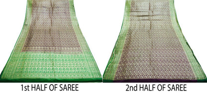 Indian Vintage Sari Green & Purple Heavy Wedding Pure Satin Silk Banarasi Brocade Saree Zari 5Yd