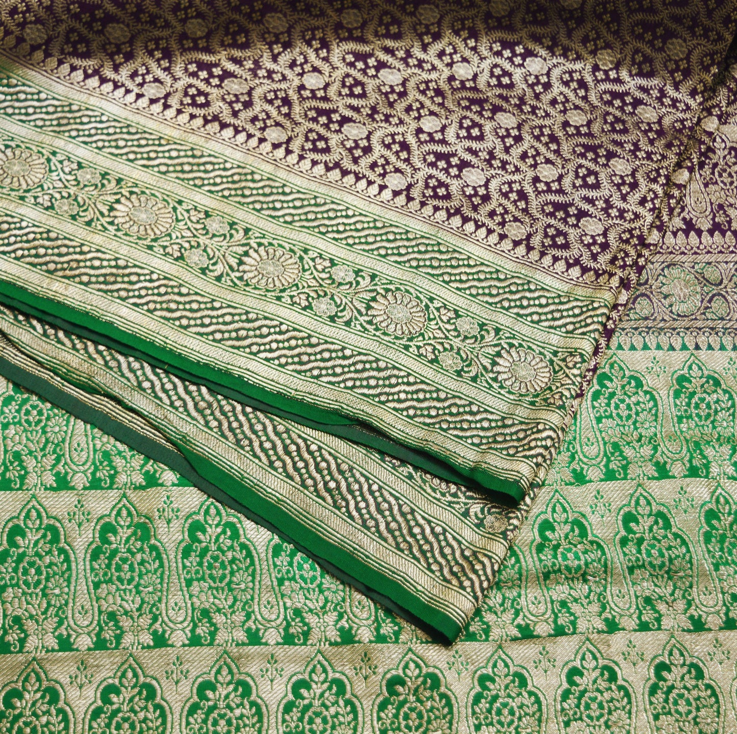 Indian Vintage Sari Green & Purple Heavy Wedding Pure Satin Silk Banarasi Brocade Saree Zari 5Yd