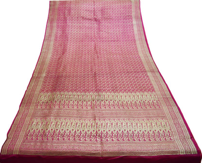 Indian Vintage Sari Heavy Wedding Pure Satin Silk Rani Pink saree Banarasi Brocade Saree Golden Zari 5Yard