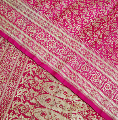 Indian Vintage Sari Heavy Wedding Pure Satin Silk Rani Pink saree Banarasi Brocade Saree Golden Zari 5Yard