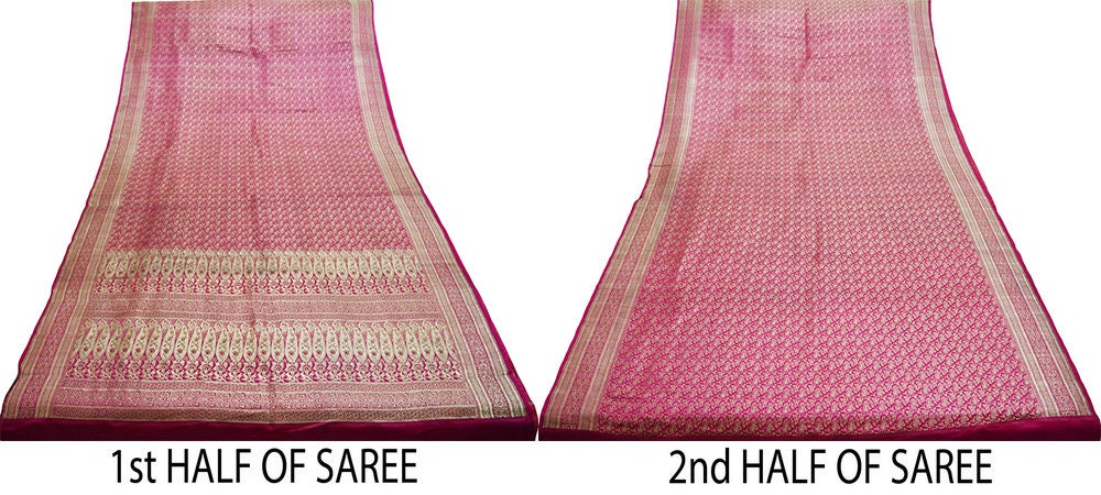 Indian Vintage Sari Heavy Wedding Pure Satin Silk Rani Pink saree Banarasi Brocade Saree Golden Zari 5Yard