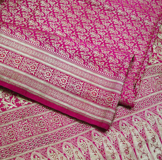 Indian Vintage Sari Heavy Wedding Pure Satin Silk Rani Pink saree Banarasi Brocade Saree Golden Zari 5Yard