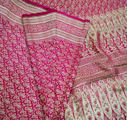 Indian Vintage Sari Heavy Wedding Pure Satin Silk Rani Pink saree Banarasi Brocade Saree Golden Zari 5Yard