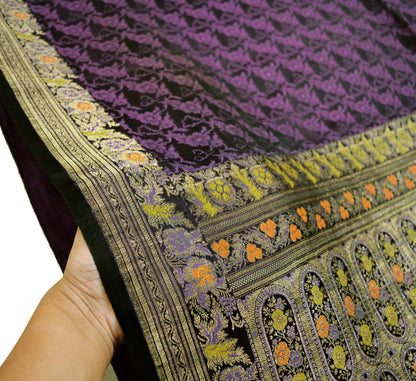 Vintage Sari Black & Purple Heavy Wedding Pure Satin Silk Woven Banarasi Brocade Saree Golden Zari 5Yard