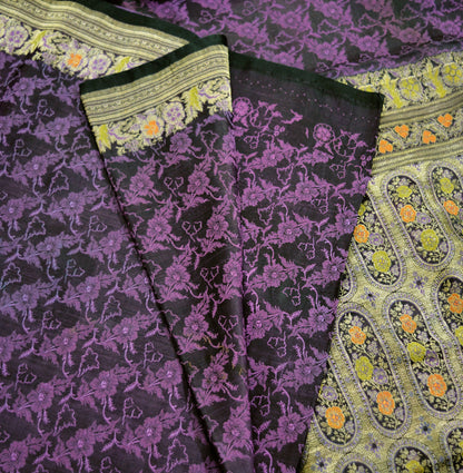 Vintage Sari Black & Purple Heavy Wedding Pure Satin Silk Woven Banarasi Brocade Saree Golden Zari 5Yard