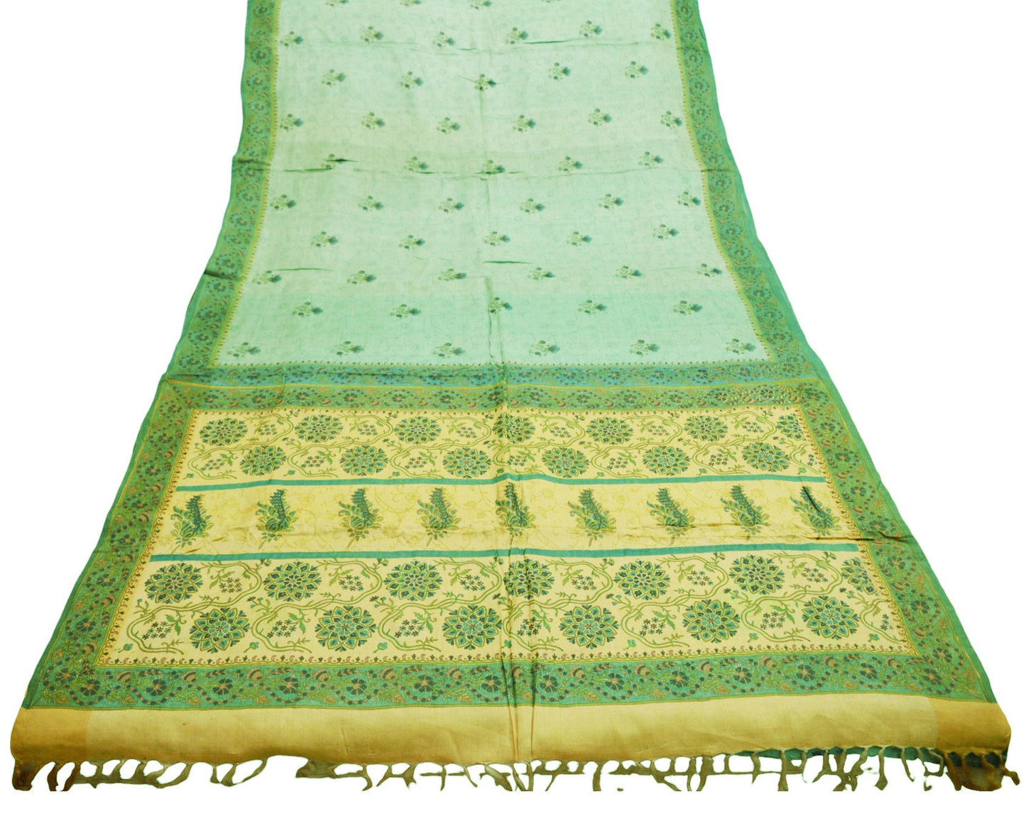 Vintage Green Heavy Saree Pure Woolen Woven Printed Indian Sari Soft Warm Fabric 5Yard Zigzag Woven Border Fringes