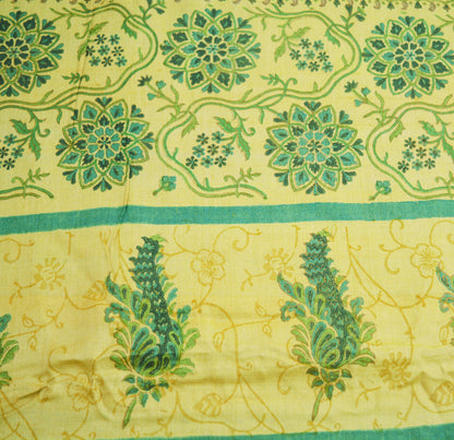 Vintage Green Heavy Saree Pure Woolen Woven Printed Indian Sari Soft Warm Fabric 5Yard Zigzag Woven Border Fringes