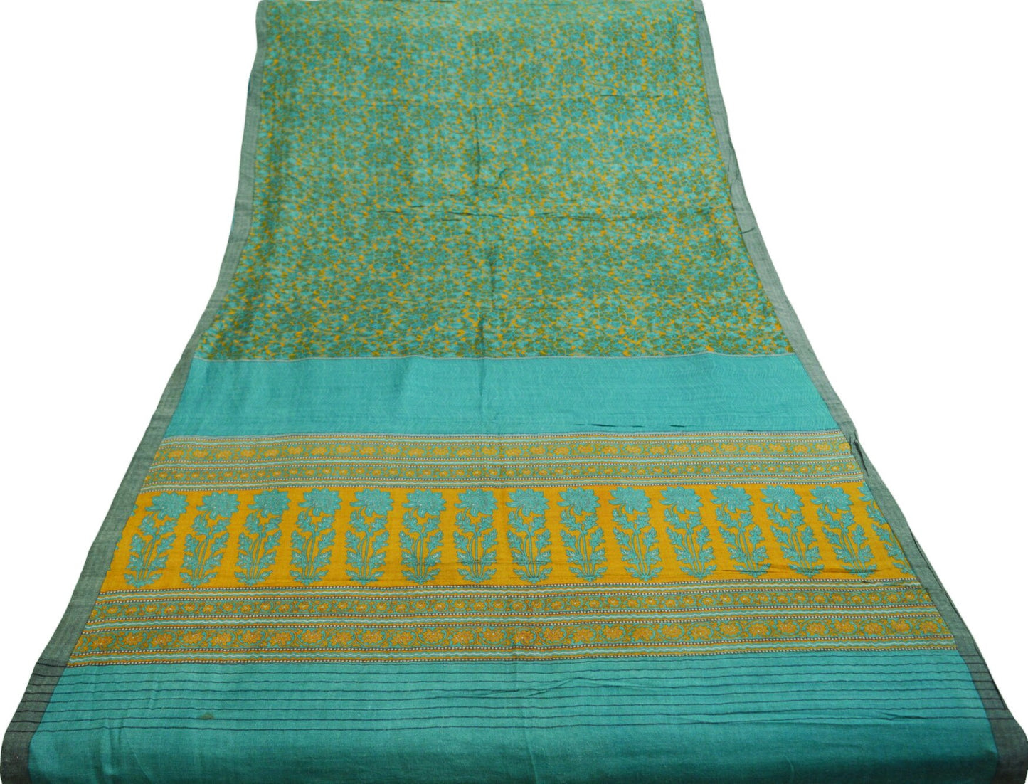 Vintage Green & Mustard Heavy Saree Pure Woolen Woven Printed Indian Sari Soft Warm Fabric 5Yard Floral Woven Border