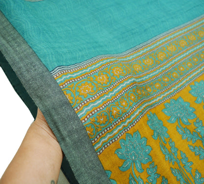 Vintage Green & Mustard Heavy Saree Pure Woolen Woven Printed Indian Sari Soft Warm Fabric 5Yard Floral Woven Border