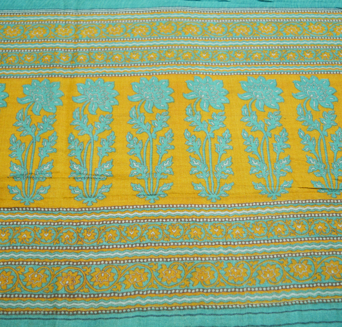 Vintage Green & Mustard Heavy Saree Pure Woolen Woven Printed Indian Sari Soft Warm Fabric 5Yard Floral Woven Border