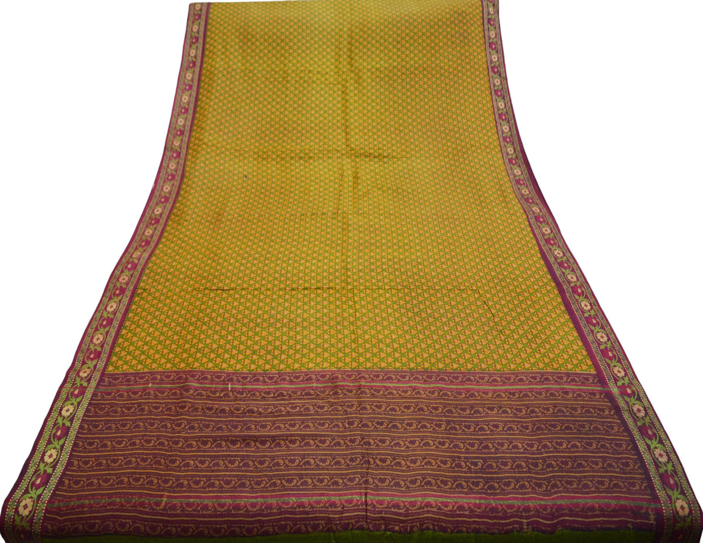 Vintage Green & Mustard Heavy Saree Pure Woolen Woven Printed Indian Sari Soft Warm Fabric 5Yard Floral Woven Border