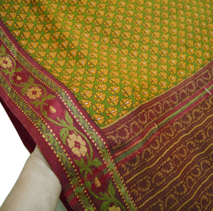 Vintage Green & Mustard Heavy Saree Pure Woolen Woven Printed Indian Sari Soft Warm Fabric 5Yard Floral Woven Border