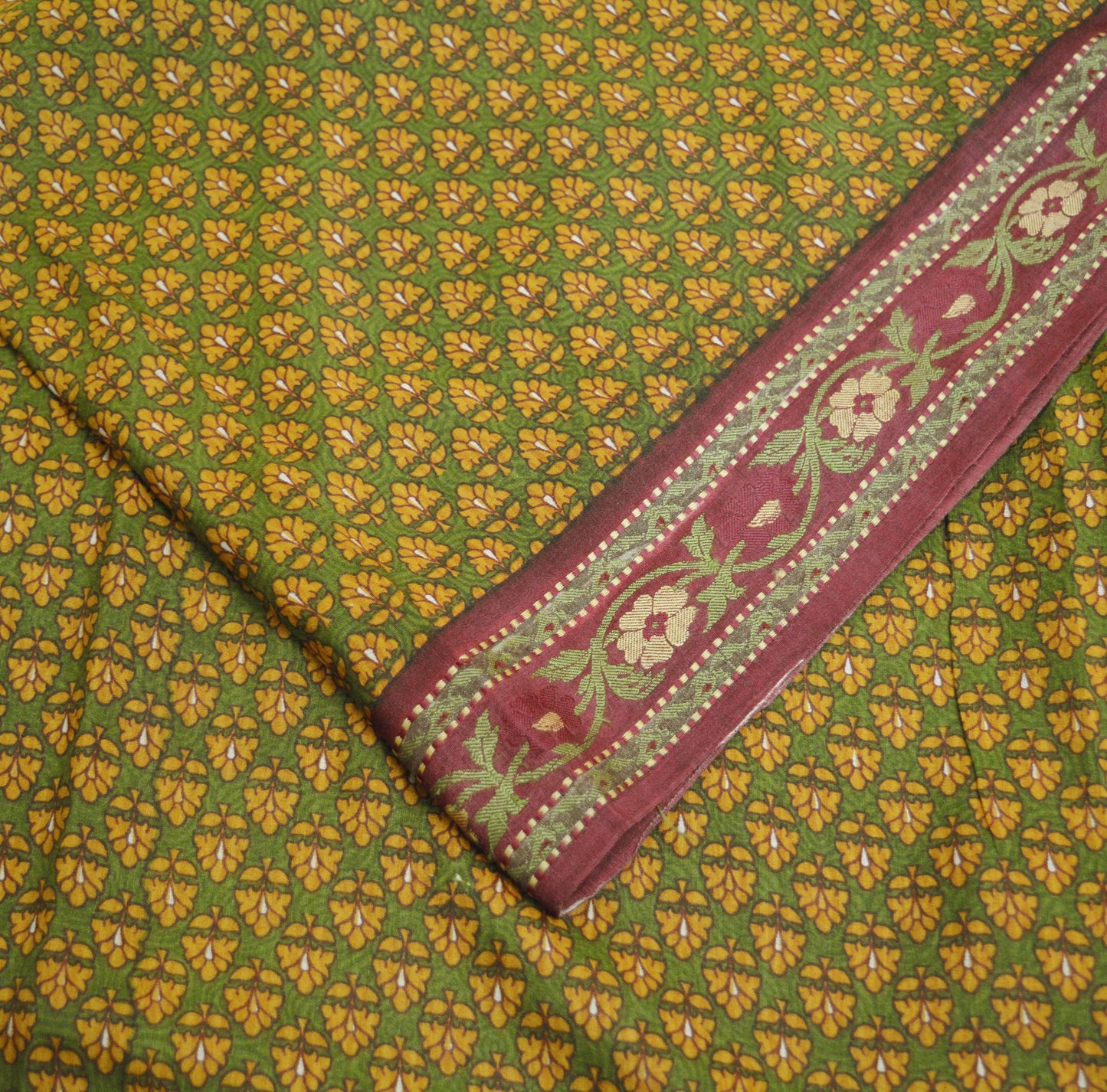 Vintage Green & Mustard Heavy Saree Pure Woolen Woven Printed Indian Sari Soft Warm Fabric 5Yard Floral Woven Border