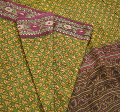 Vintage Green & Mustard Heavy Saree Pure Woolen Woven Printed Indian Sari Soft Warm Fabric 5Yard Floral Woven Border